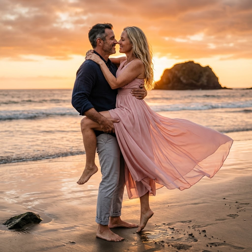 Un couple s'enlace sur une plage au coucher du soleil