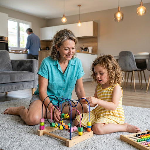 Une mère et sa fille jouent ensemble sur un tapis dans le salon familial