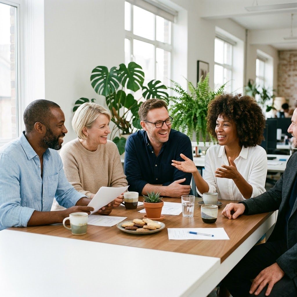 Groupe de Coraliens autour d'une table, échanges authentiques et rires partagés